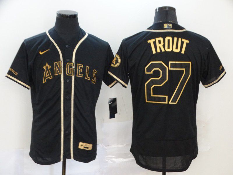 Men Los Angeles Angels #27 Trout Black Retro gold character Nike MLB Jerseys->los angeles angels->MLB Jersey